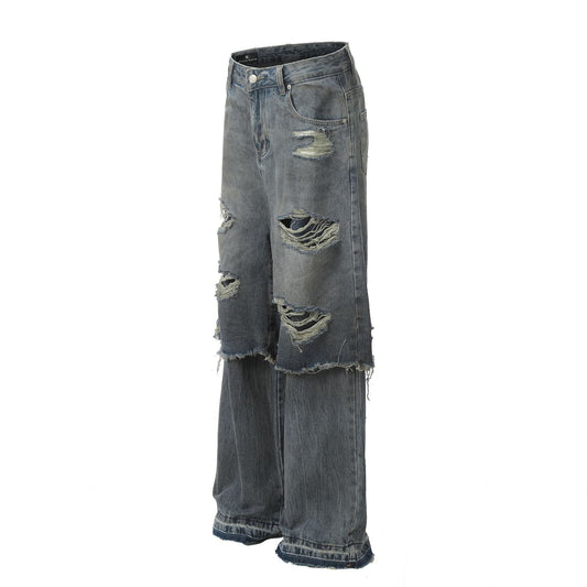Fake Layered Damage Wide Leg Denim Jeans WN26025