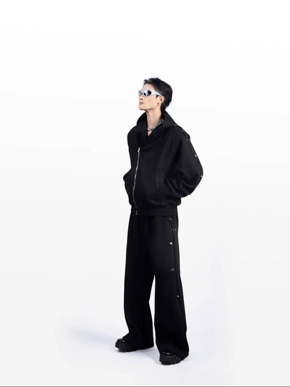 Metal Rivet Oversize Zipper Hoodie & Wide-Leg Pants Setup WN9221