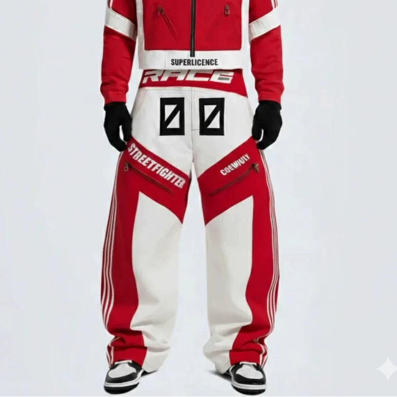 Stripe Graphic Zipper Jacket & Graphic Wide Leg Pants Setup WN28045