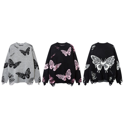 Butterfly Embroidery Damage Fringe Oversize Knit Sweater WN11171