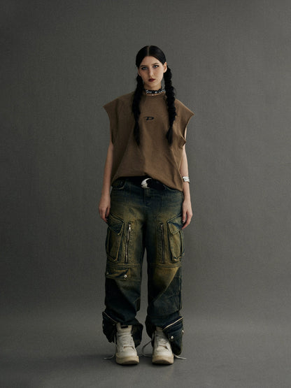 Washed Multi-Pocket Wide Leg Cargo Denim Jeans WN18200