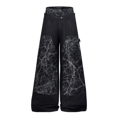 Double Waist Marble Panel Wide Leg Denim Jeans WN25907