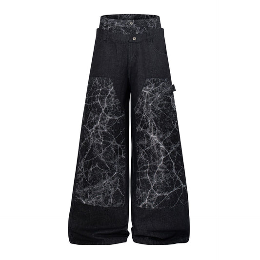 Double Waist Marble Panel Wide Leg Denim Jeans WN25907