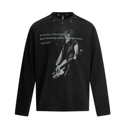 Washed Digital Portrait Slogan Print Stud Long Sleeve T-Shirt WN20559