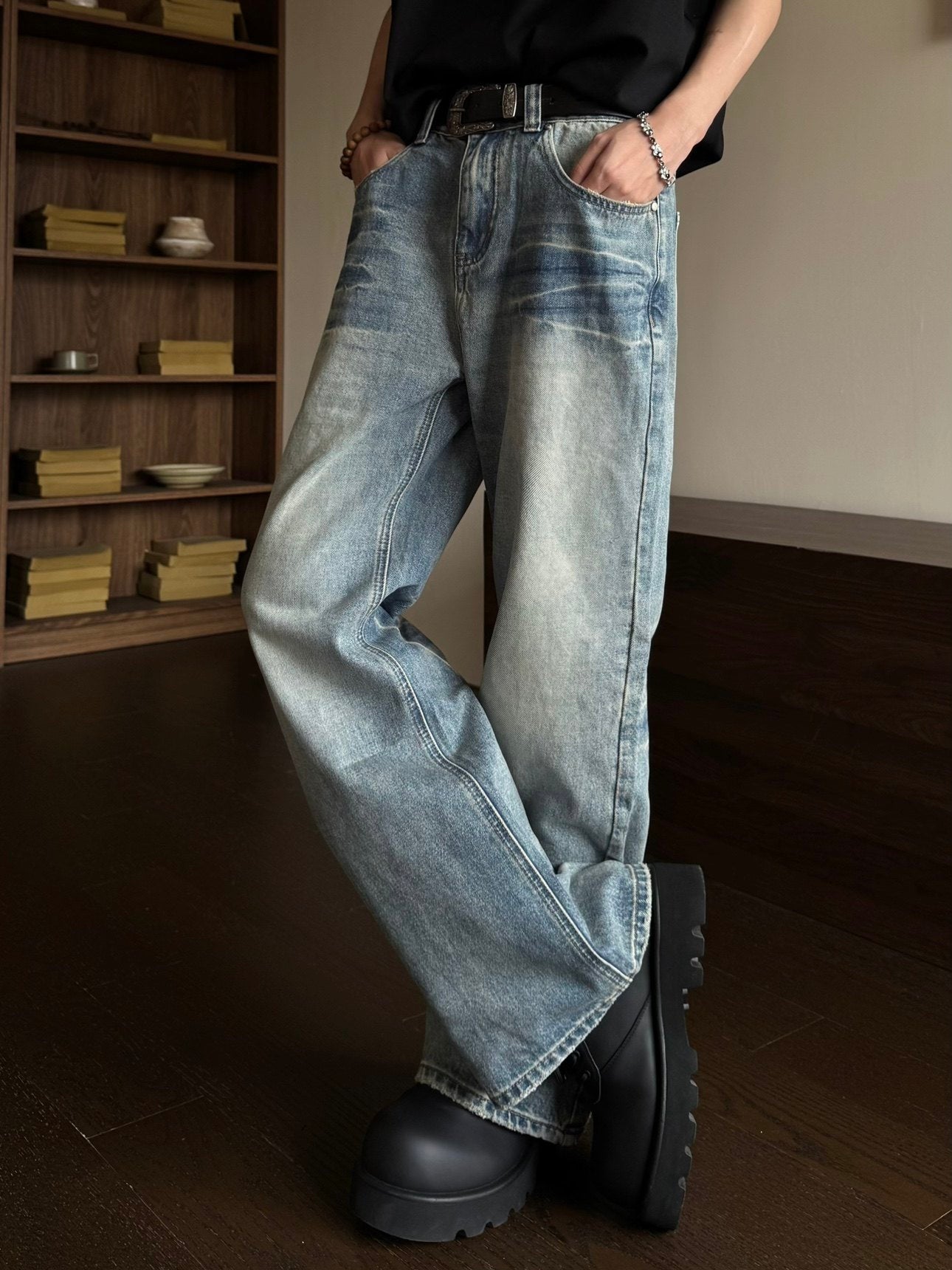 Washed Lightning Pattern Wide Leg Denim Jeans WN23159