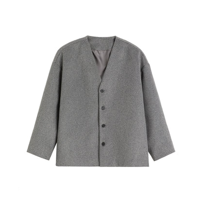 Collarless Solid Oversize Wool Knit Cardigan WN13340