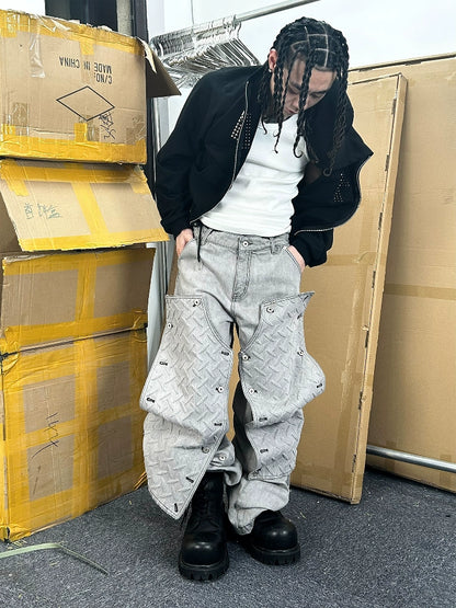 Steel Plate 3D Print Double Knee Detachable Deconstructed Denim Jeans WN18097