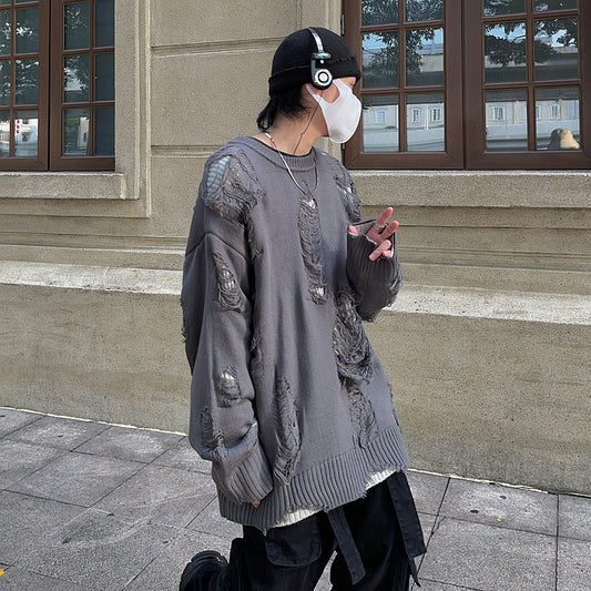 Hole Design Fake Layered Oversize Knit Sweater WN24385