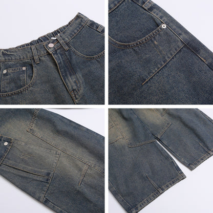 Wide Leg Multi-Pocket Washed Cargo Denim Jeans WN26925