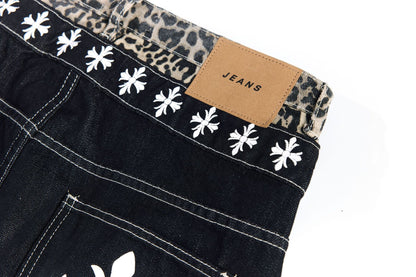 Color Block Embroidery Wide Leg Curved Denim Jeans WN25864