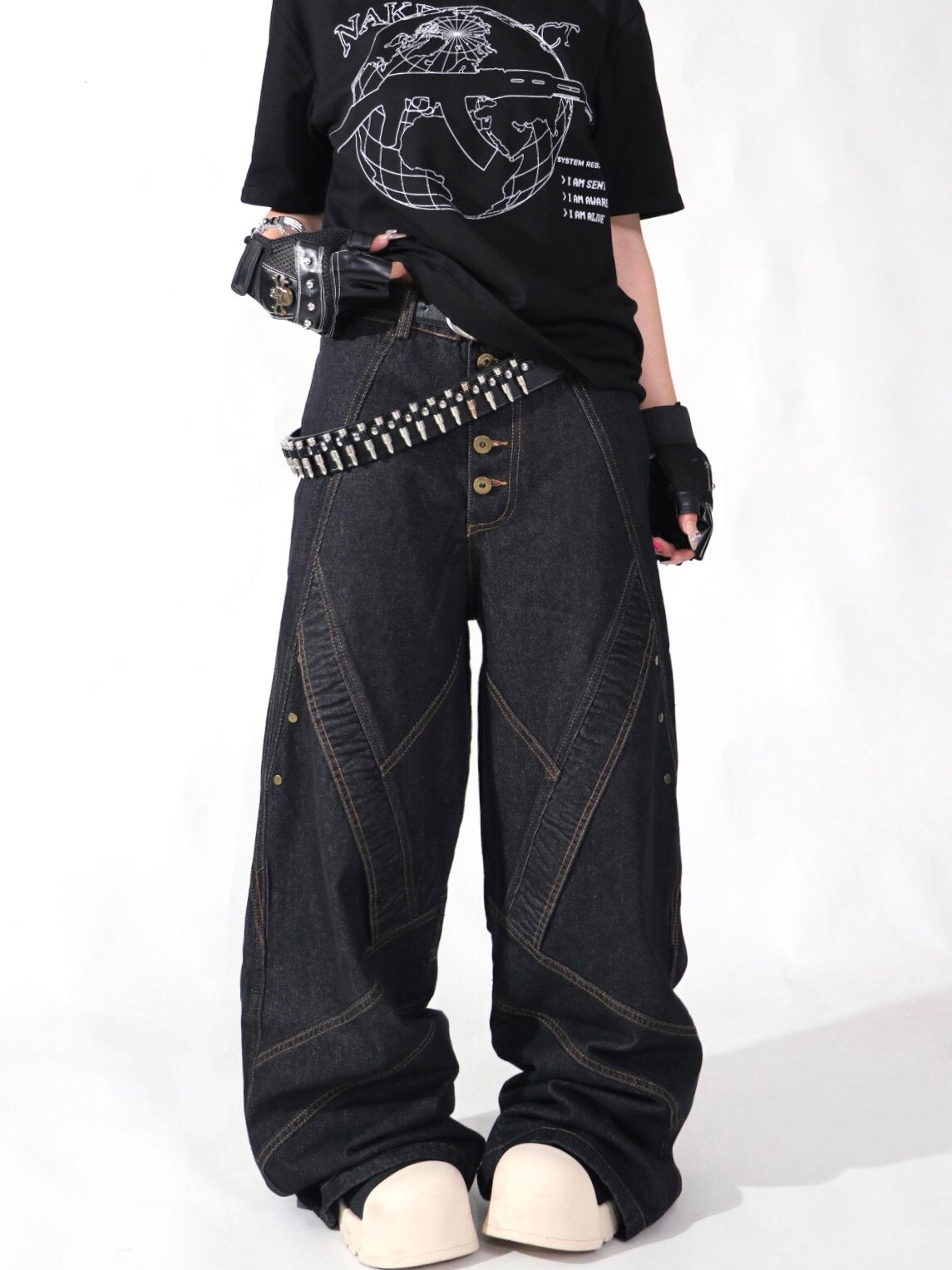 Contrast Stitch Baggy Denim Jeans WN24116