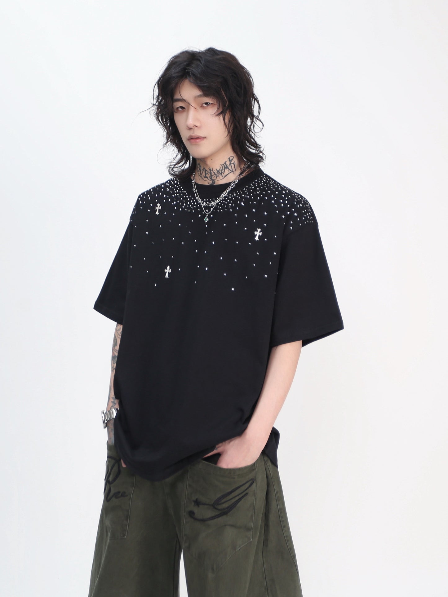 Oversize Rhinestone Cross Print Short Sleeve T-Shirt WN24445