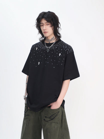 Oversize Rhinestone Cross Print Short Sleeve T-Shirt WN24445