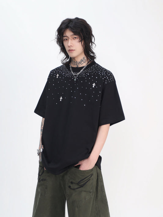 Oversize Rhinestone Cross Print Short Sleeve T-Shirt WN24445