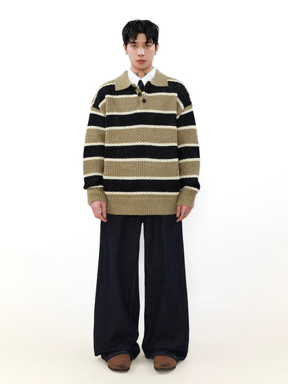 Oversize Stripe POLO Knit Sweater WN8307