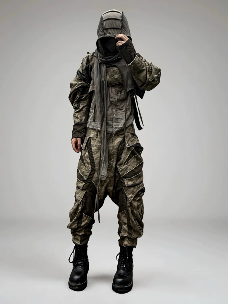 Colorblock Camo Washed Deconstructed Cargo Pants WN21986