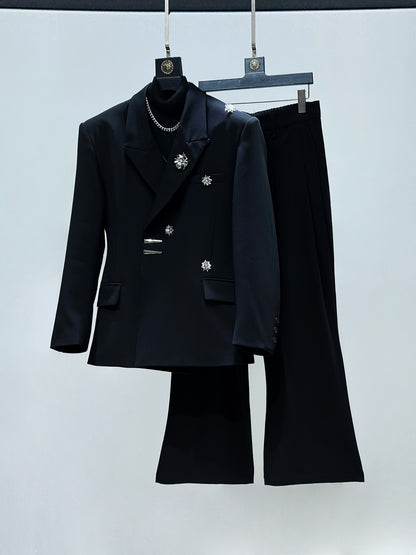 Metal Flower Brooch Fitted Tailored Jacket & Flare Trousers Setup WN23886
