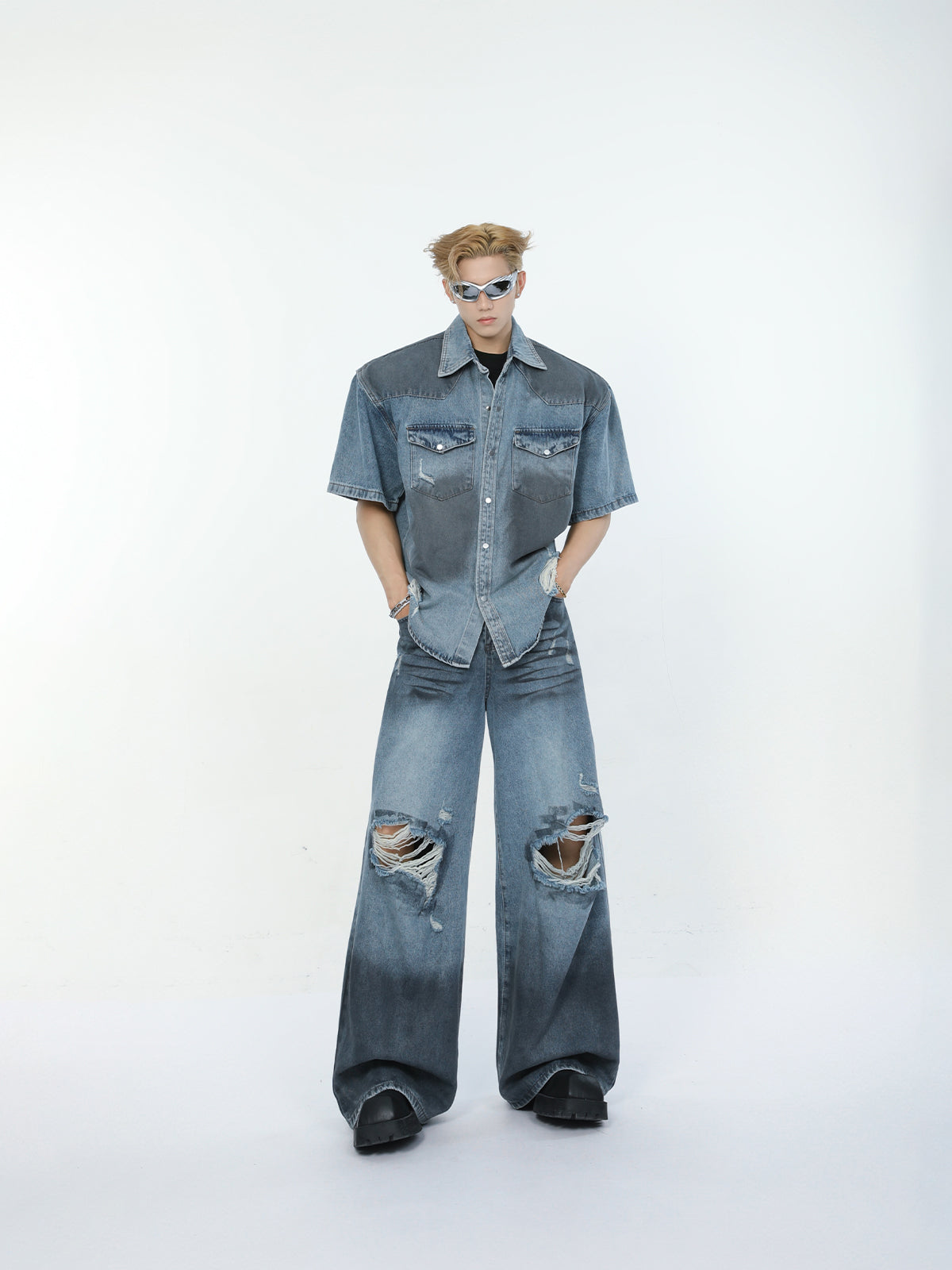 Damage Short Sleeve Denim Shirt & Wide-Leg Straight Denim Jeans Setup WN7330