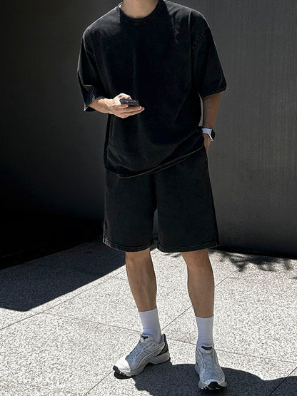 Washed Oversize Short Sleeve T-Shirt & Washed Straight Half Pants Setup WN20291