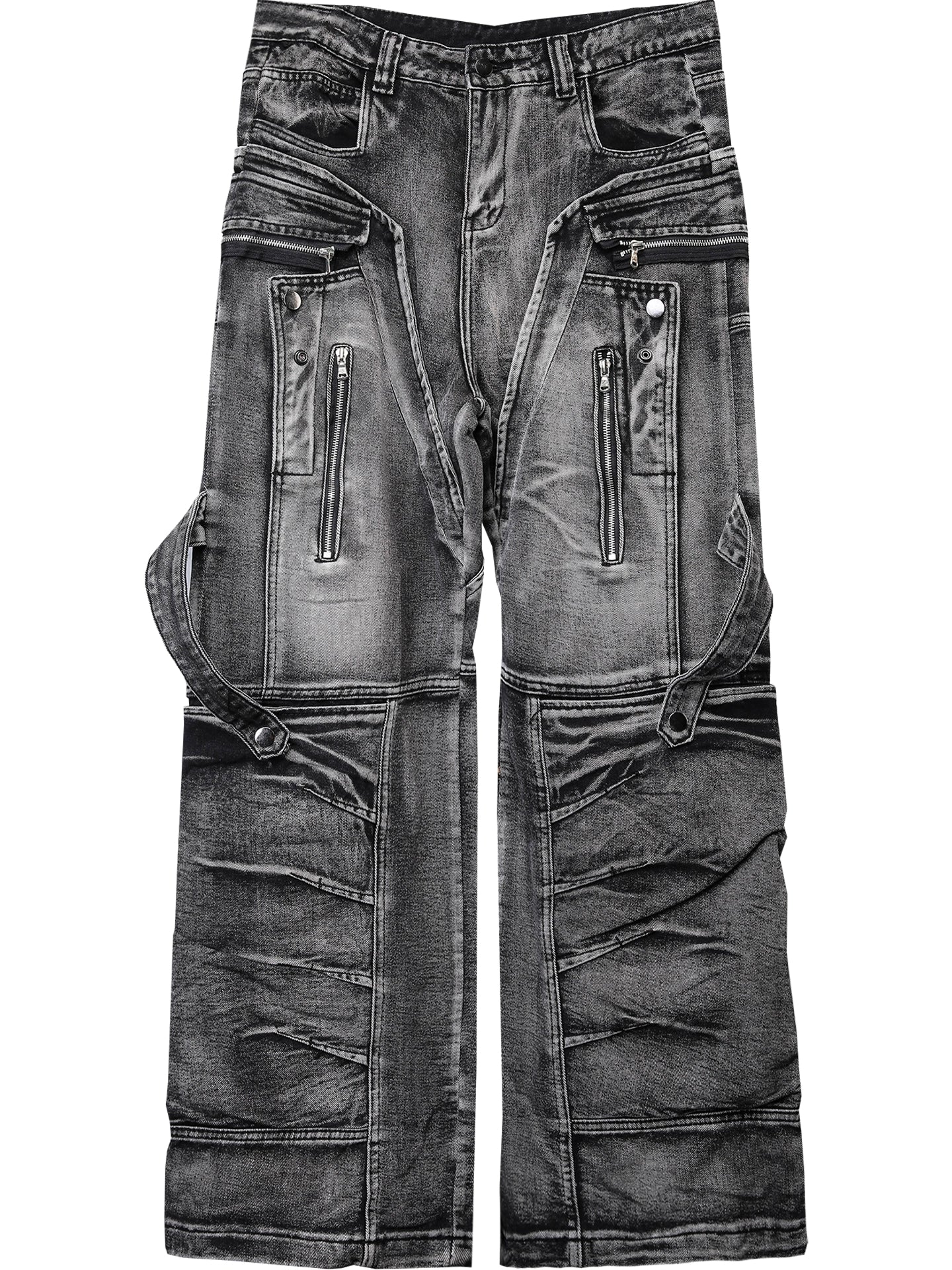 Wash Zipper Pocket Mix Patch Wide Leg Denim Jeans WN22396