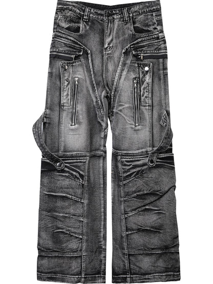 Wash Zipper Pocket Mix Patch Wide Leg Denim Jeans WN22396