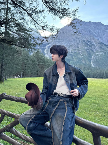 Washed Fringe Denim Jacket & Wide Leg Denim Jeans Setup WN20764