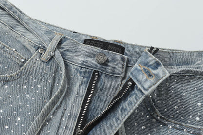 Fringe Rhinestone Wide Leg Half Denim Pants WN25612