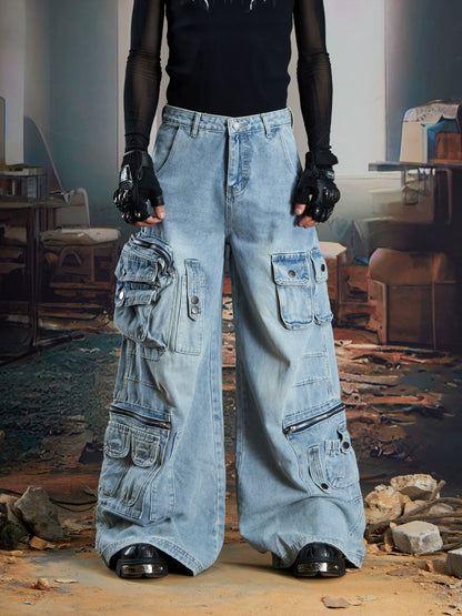 Multi-Pocket Washed Wide Leg Cargo Denim Jeans WN21341
