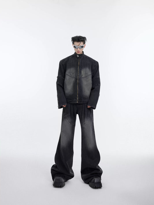 Washed Standing-collar Denim Jacket & Wide-leg Denim Jeans Setup WN3996