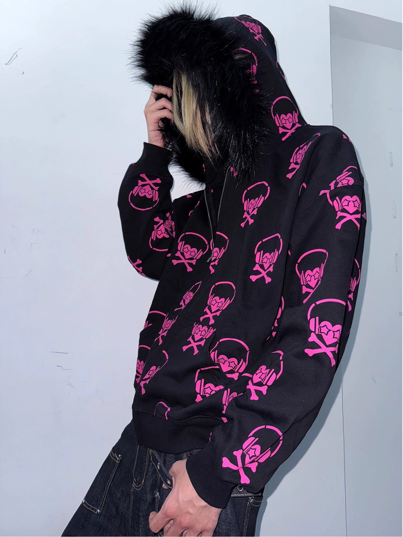 Headphone Skull Print Fake Fur Collar Zipper Hoodie WN20919