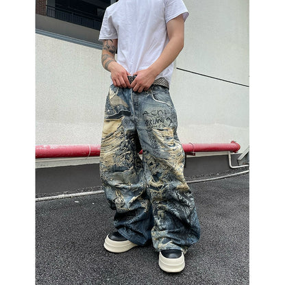 Graffiti Print Damage Denim Jeans WN18821