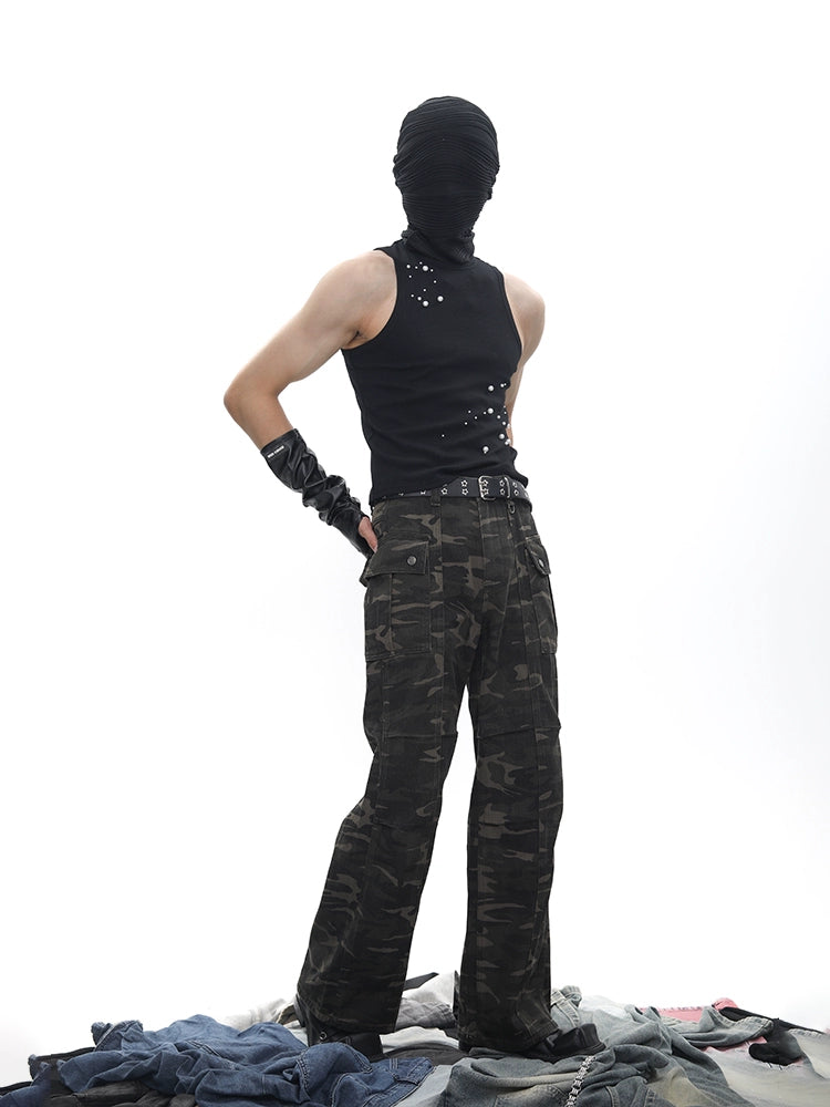 Straight Leg Camouflage Multi-Pocket Cargo Denim Jeans WN18647