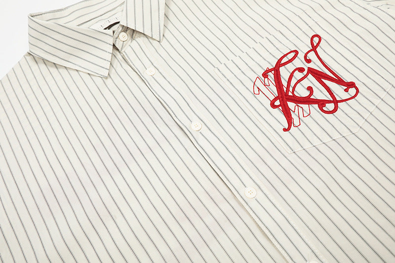 Embroidery Striped Turn-Down Collar Short Sleeve Shirt WN18537