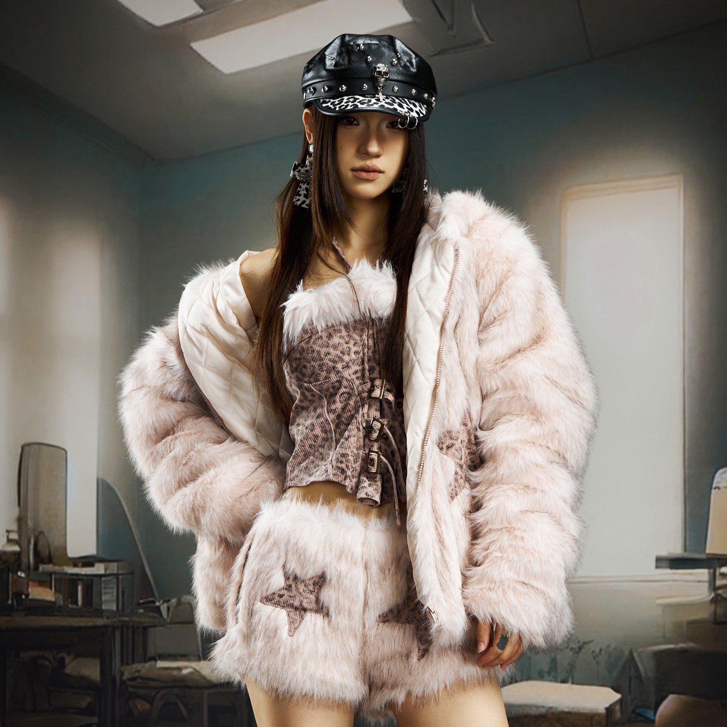 Fake Fur Ear Detail Star Hooded Puffer Jacket & Leopard Print Fake Fur Trim Halter Tank Top & Fake Fur Star Short Pants Setup WN22785