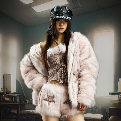 Fake Fur Ear Detail Star Hooded Puffer Jacket & Leopard Print Fake Fur Trim Halter Tank Top & Fake Fur Star Short Pants Setup WN22785
