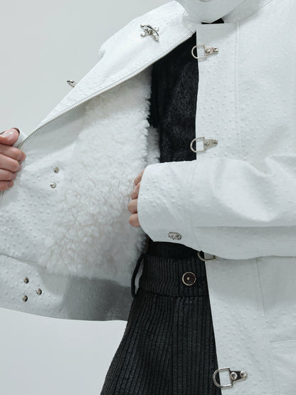 Ostrich Texture Fleece Lining Thick PU Leather Jacket WN21727