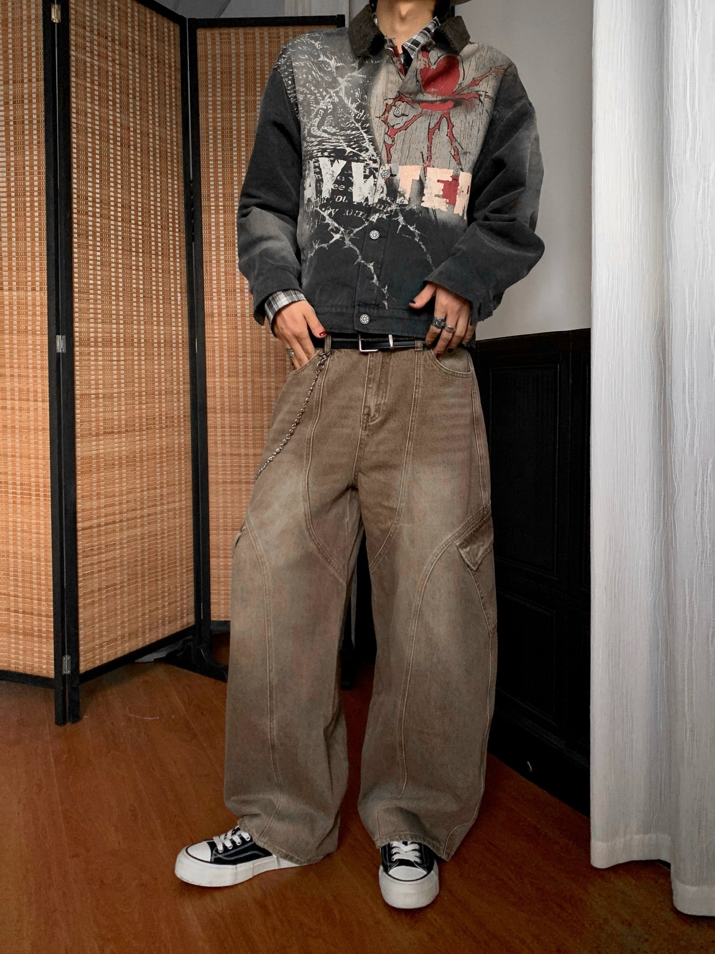 Washed Multi-Pocket Brown Wide Leg Denim Jeans WN22177