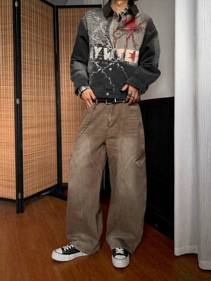 Washed Multi-Pocket Brown Wide Leg Denim Jeans WN22177