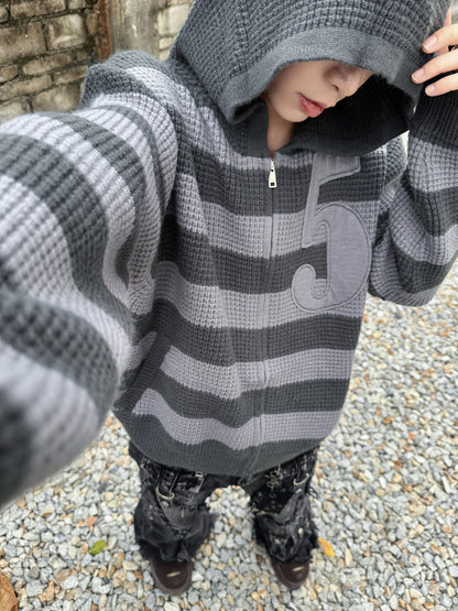 Number Embroidery Stripe Hooded Knit Sweater WN22978