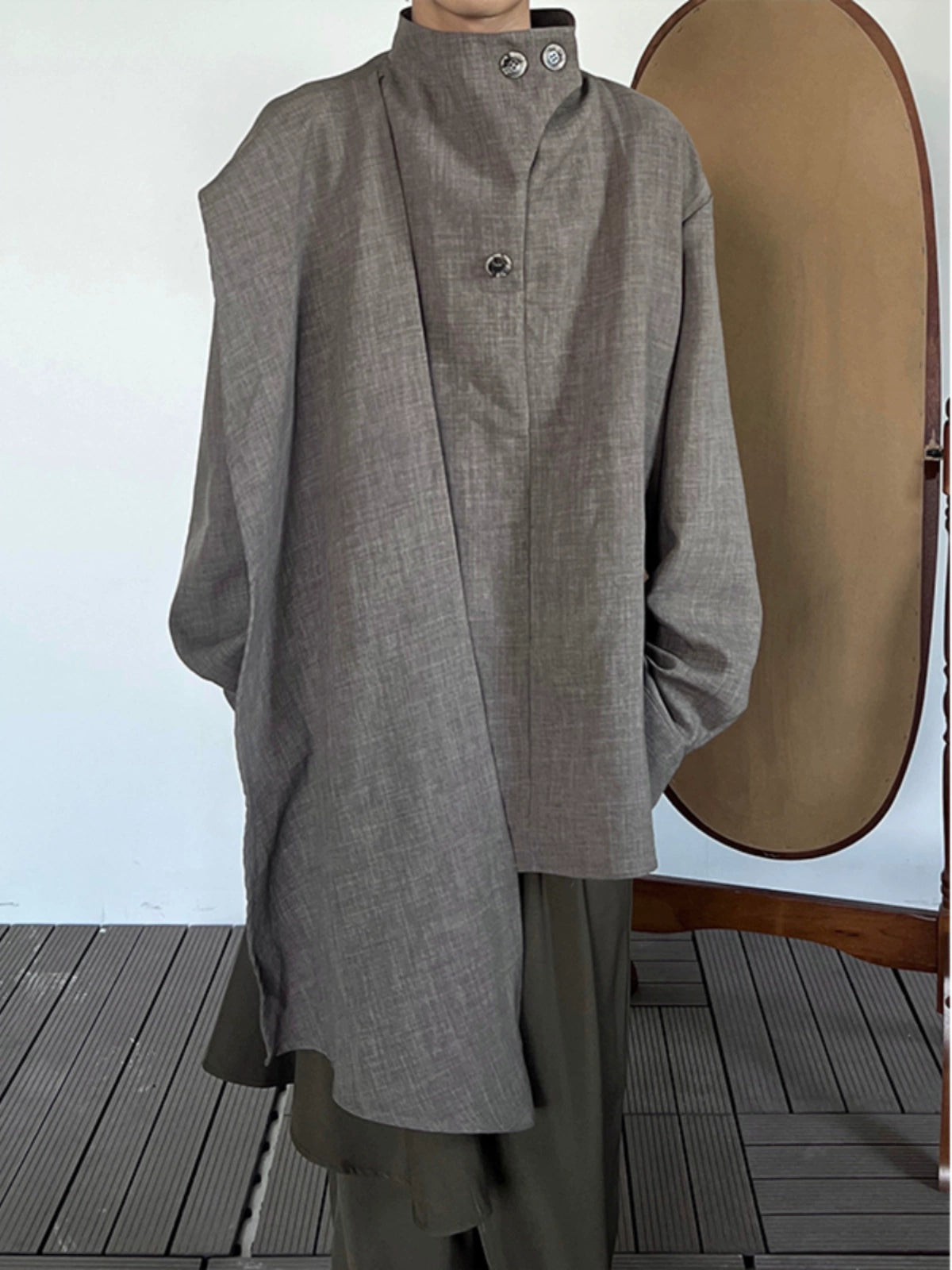 Stand Neck Scarf-Tie Long Sleeve Shirt WN19975