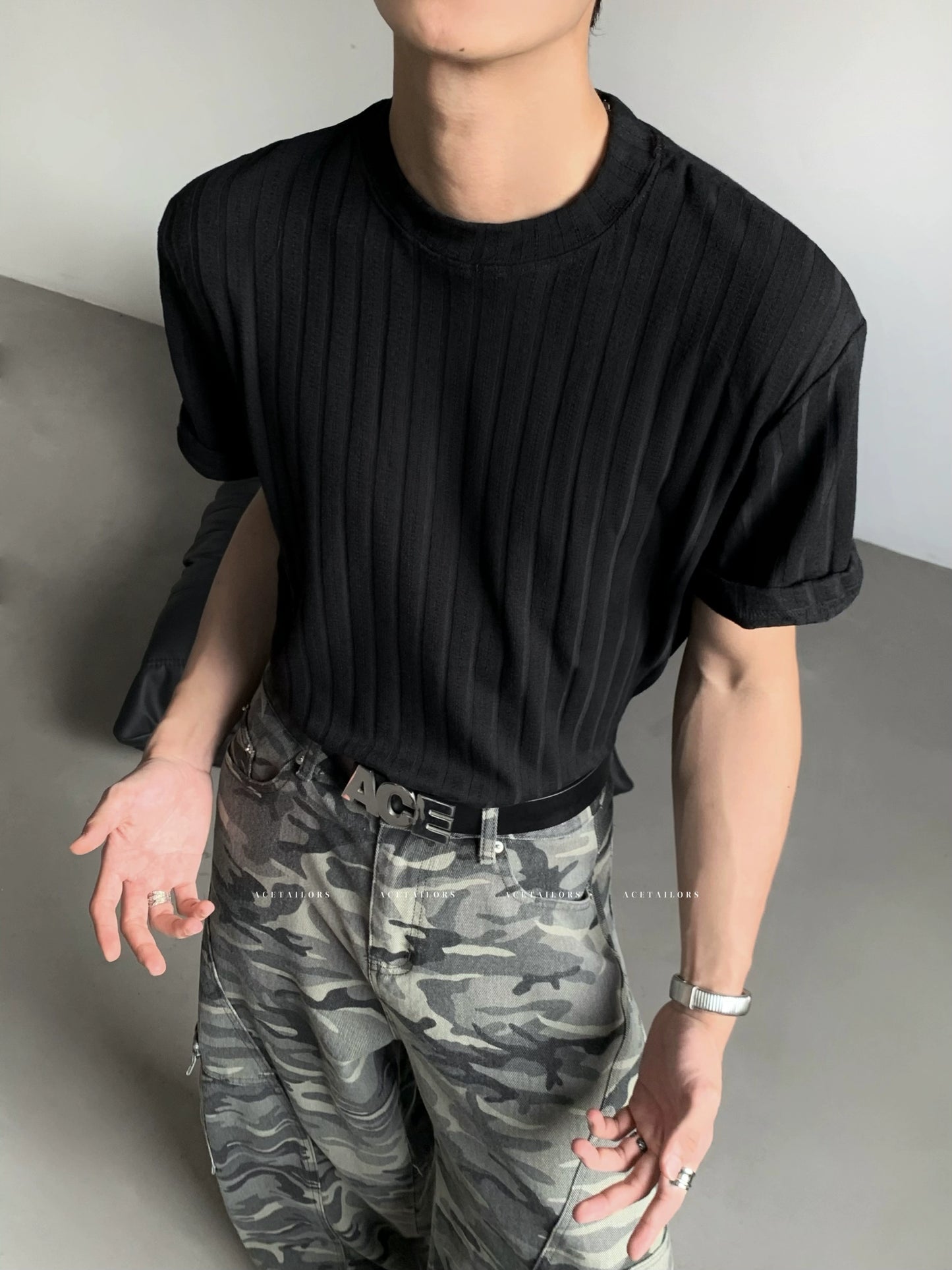 Vertical Stripe Knit Short Sleeve T-Shirt WN20085