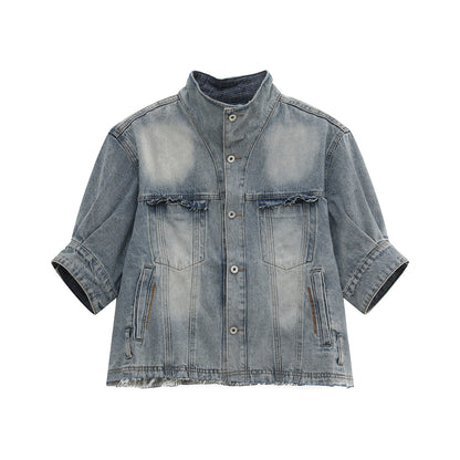 Washed Denim Short Sleeve Shirt & Damage Wide Leg Denim Jeans Setup WN24877