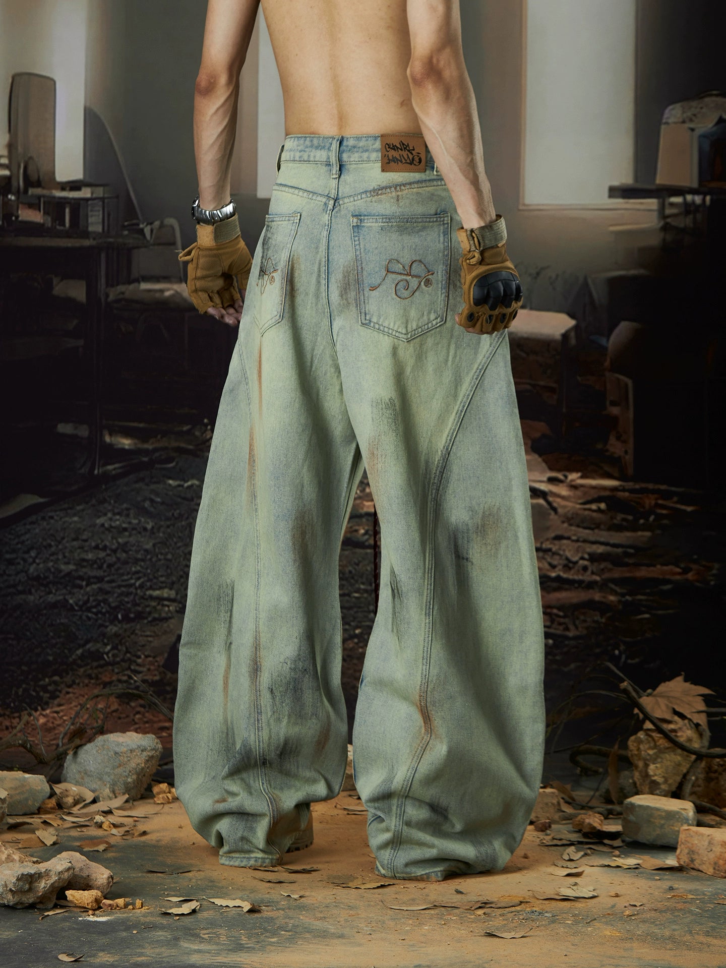 Hand-Paint Dyed Wash Wide Leg Denim Jeans WN18426