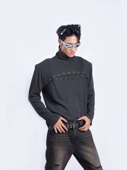 Metal Spliced Stand Neck Long Sleeve T-Shirt WN9239