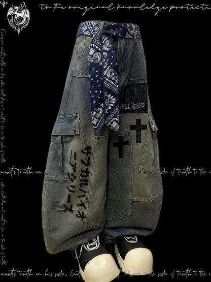 Letter Print Patchwork Cargo Wide Leg Denim Jeans & Belt & Chain & Scarf WN20123