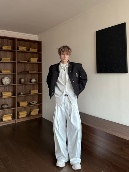 Metal Buckle Standing-Collar Shoulder-Pad Tailored Jacket WN23177