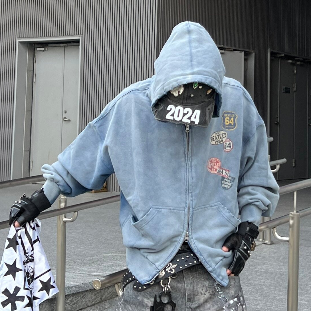 Wash Damage Oversize Zipper Hoodie WN24079