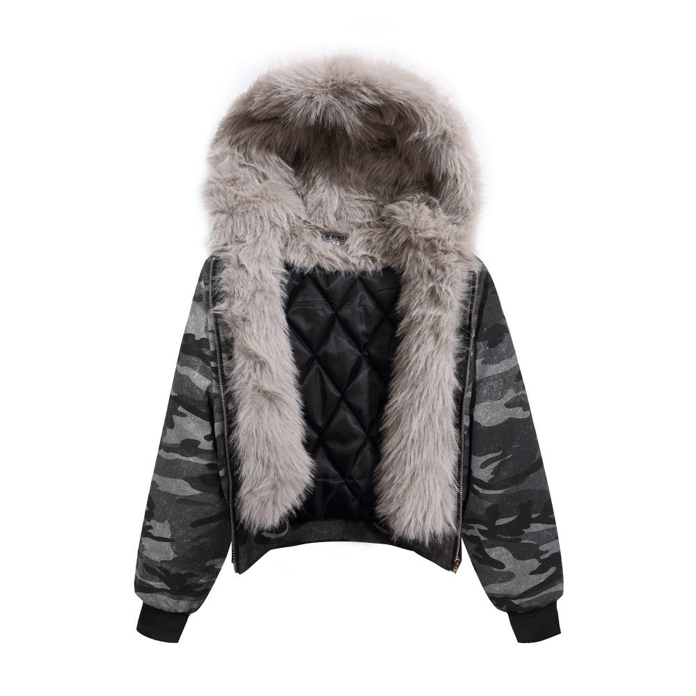 Camouflage Fake Fur Collar Multi-Zipper Short Puffer Jacket WN27891
