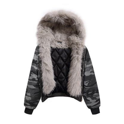 Camouflage Fake Fur Collar Multi-Zipper Short Puffer Jacket WN27891