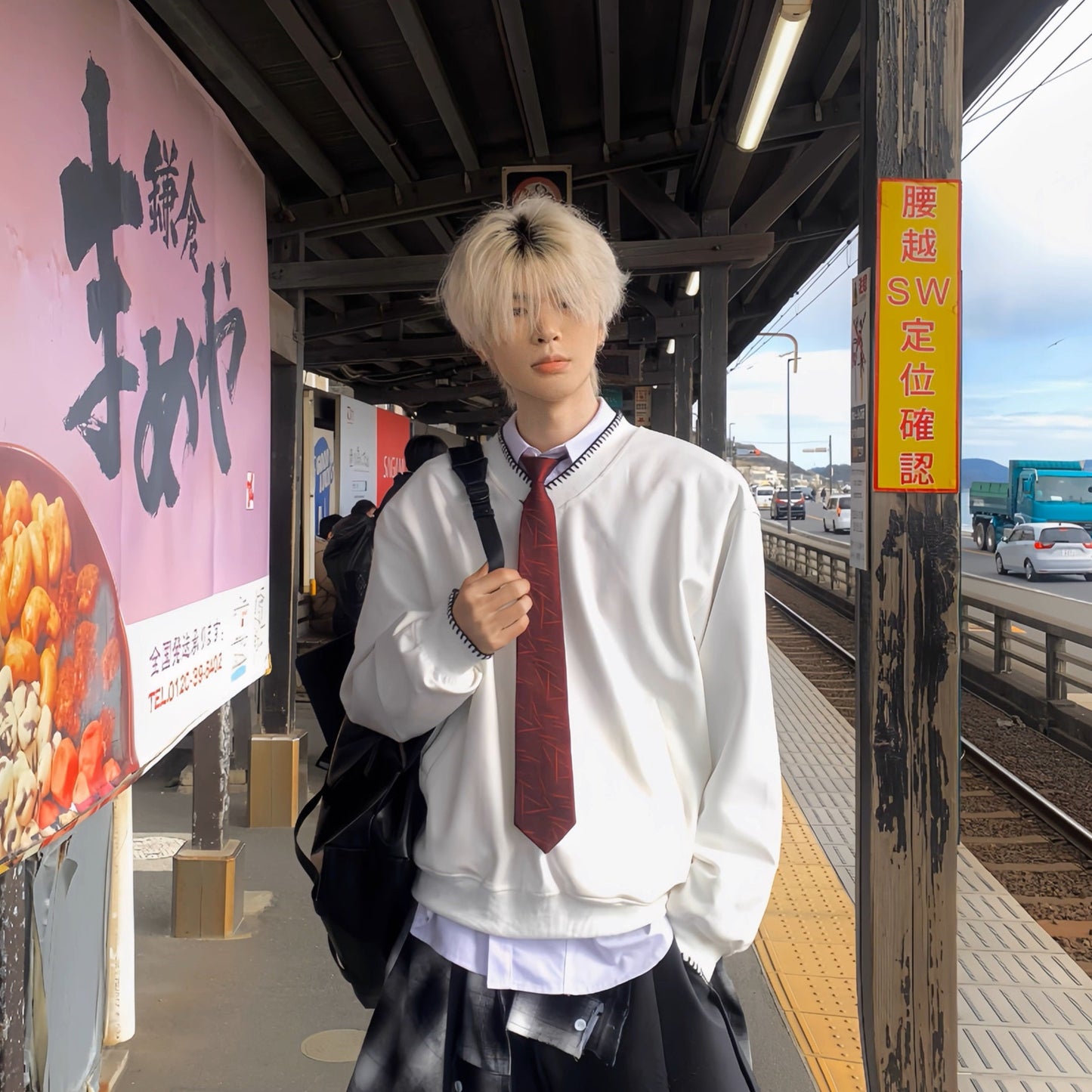 Embroidery Design Oversize V-Neck Long Sleeve T-Shirt WN19768